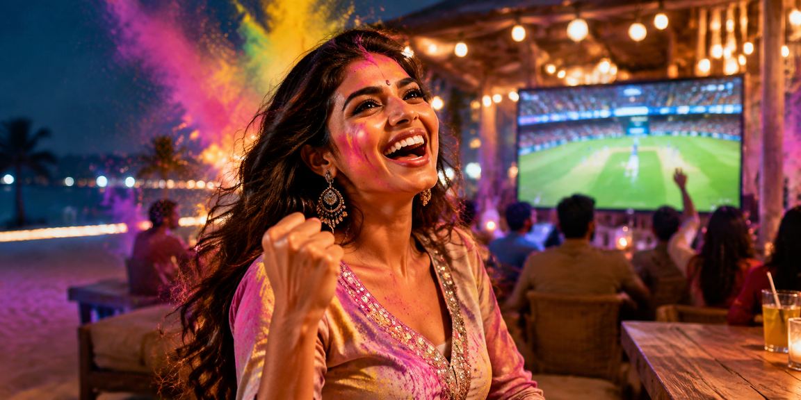 Young Indian woman enjoying Teen Patti game on mobile in Goa